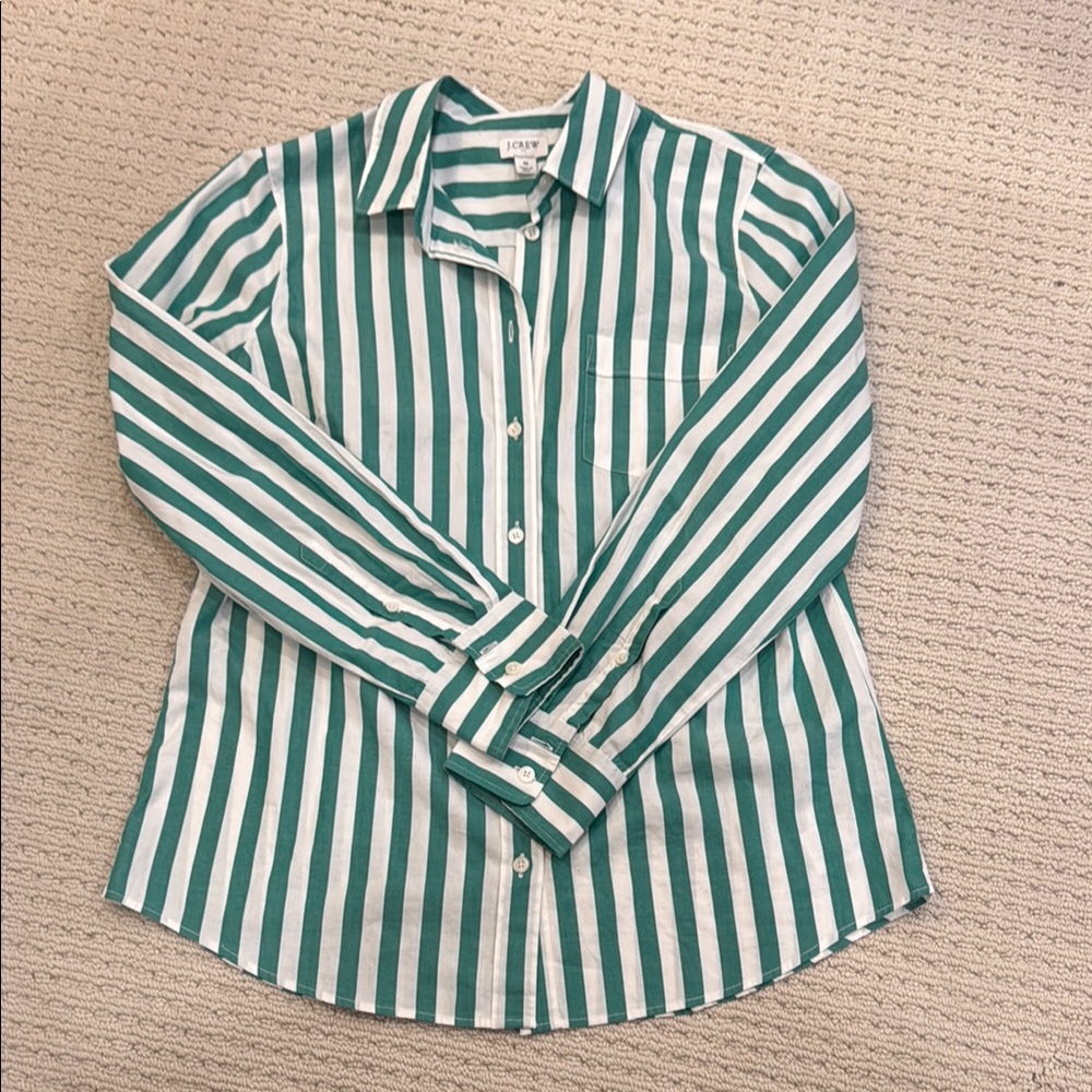 J. Crew Green and White Striped Shirt